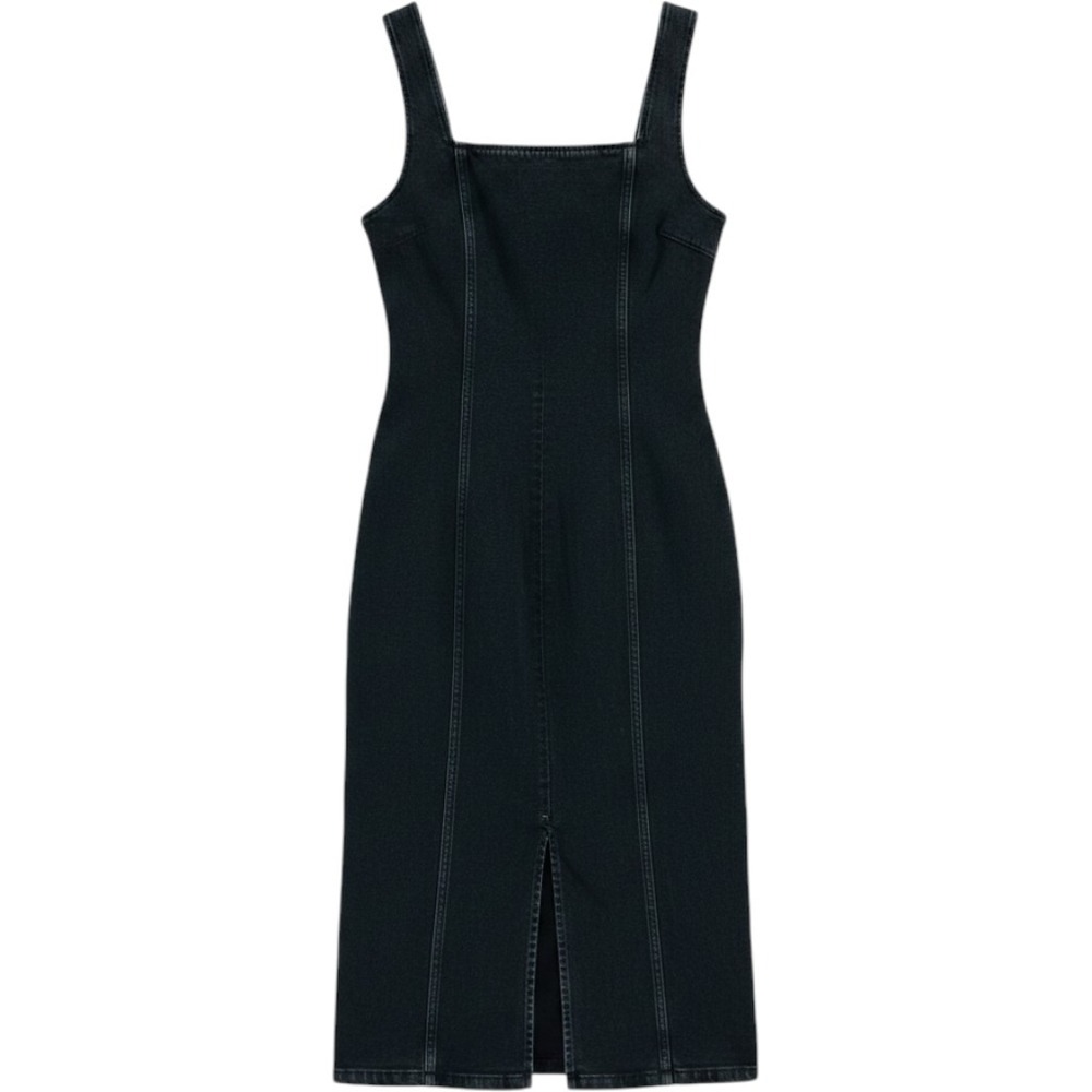 Abercrombie Faded Black Denim Column Midi Dress S Square Neck EUC